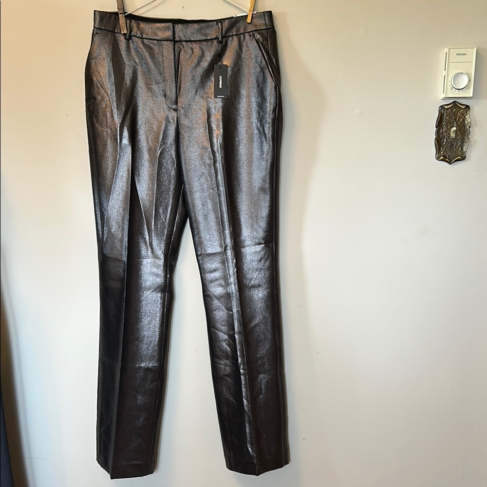 Express sleek and shiny silver tone dress pants mid-rise boot cut NWT size 10L
